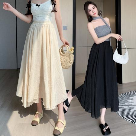 PF762#黑色半身裙女春装韩国高腰A字裙宽松型大摆长裙夏季棉麻伞裙