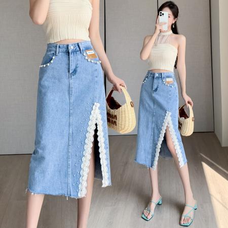 PF763#牛仔半身裙女韩版钉珠包臀裙高腰显瘦中长裙夏季无束感A字裙