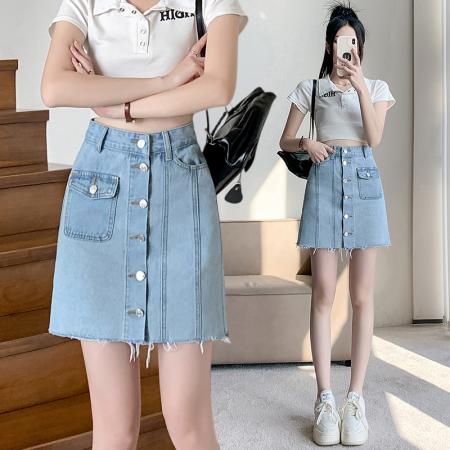 PF766#牛仔短裙高腰A字裙2024年春韩国新款单排扣简约半身裙女夏季