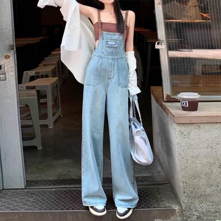 PF772#夏装新款实拍大码女装棕色扣牛仔背带裤复古阔腿裤M-5XL200斤