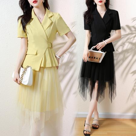 PF795#夏季大码女装时尚显瘦西服+仙气网纱半身裙裙两件套装