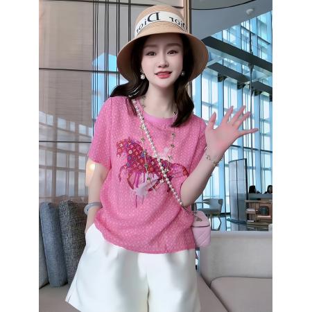 PF825#新款小马图案洋气时尚百搭桑蚕丝T恤上衣粉色女装