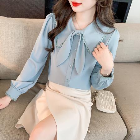 PF828#新款蝴蝶结衬衫花边领女法式设计感长袖气质雪纺上衣