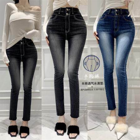 PF830#丰胯裤韩版显瘦2粒扣高腰带丰胯小脚牛仔裤