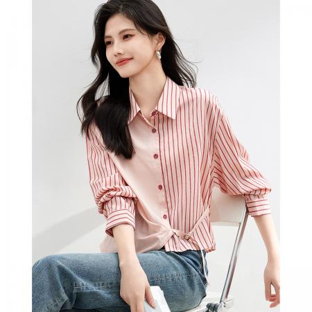 PF842#新宽松韩版条纹撞色不规则设计衬衫女
