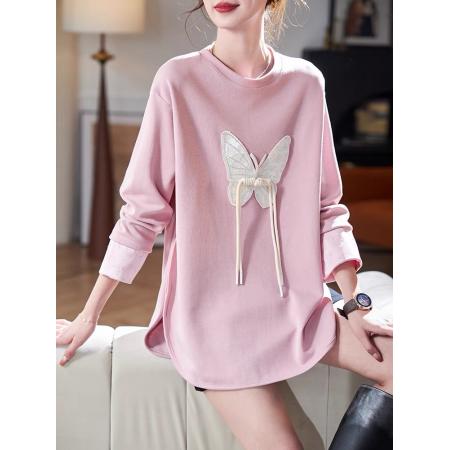 PF844#圆领钉珠提花长袖T恤 新款宽松休闲棉质女装上衣潮