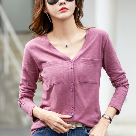 PF846#长袖t恤女纯棉 新款V领纽口袋宽松开衫休闲上衣打底衫