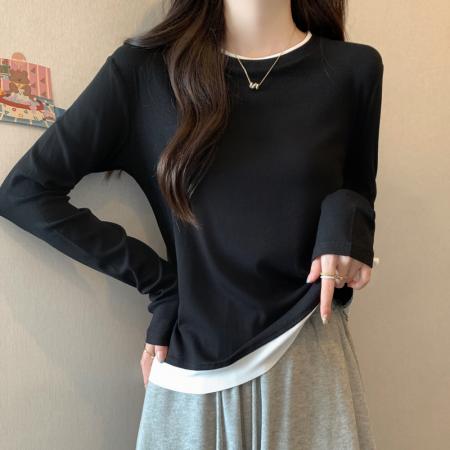 PF849#新款宽松显瘦遮肉上衣设计感假两件打底衫简约长袖t恤女
