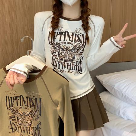 PF862#新款长袖T恤女内搭打底衫设计感美式印花休闲圆领上衣