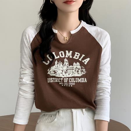 PF863#长袖t恤女 新款内搭打底衫设计感小众美式复古纯棉上衣女