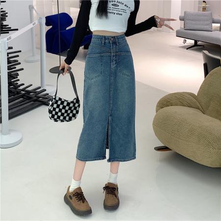 PF868#学院风高腰半身牛仔裙女春秋季复古开叉显瘦中长款a字包臀牛仔裙