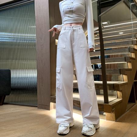 PF872#水洗全棉美式复古工装裤女高街宽松显瘦阔腿垂感休闲长裤时尚