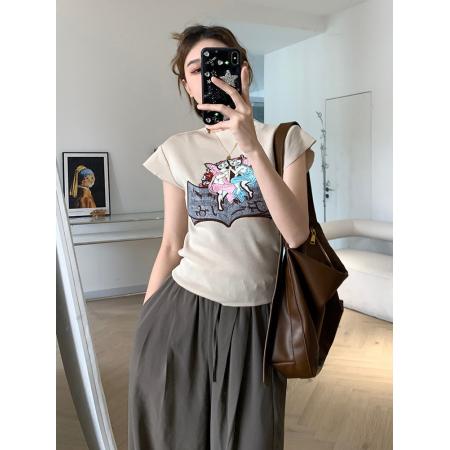 PF876#夏季新款刺绣印花T恤女内搭设计感修身打底衫百搭短袖上衣ins