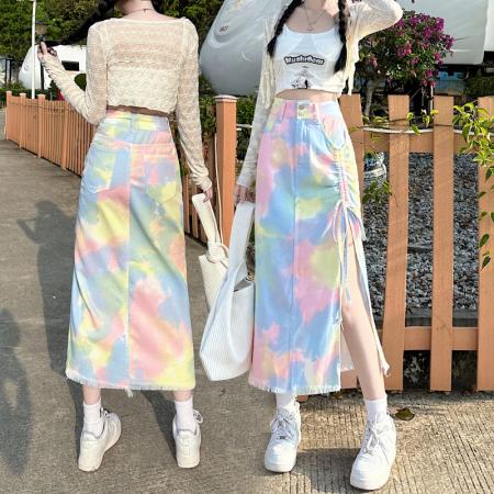 PF896#新款扎染渐变马卡龙色牛仔半身裙中高腰中国风民族风毛边