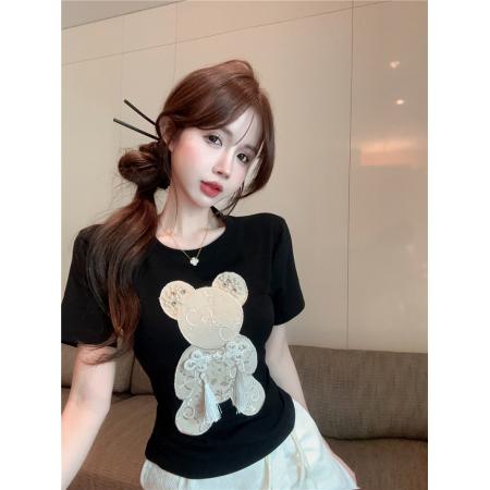 PF903#新款新中式盘扣设计感重工钉珠小熊t恤女小衫