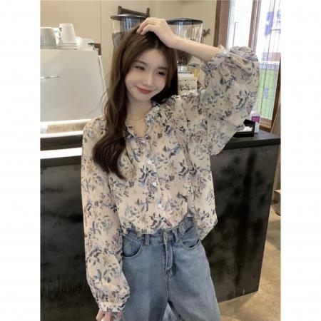 PF928#法式别致宽松碎花衬衫上衣女韩版花衬衣长袖防晒雪纺衫