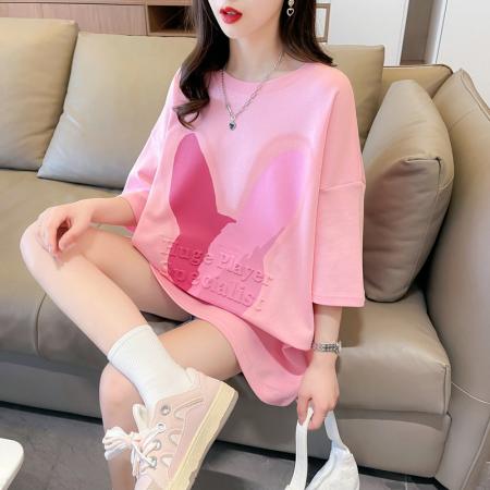 PF940#棉质短袖t恤女夏中长潮新款圆领上衣大码女装