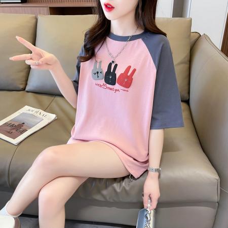 PF941#棉质短袖t恤女夏中长潮新款圆领上衣大码女装