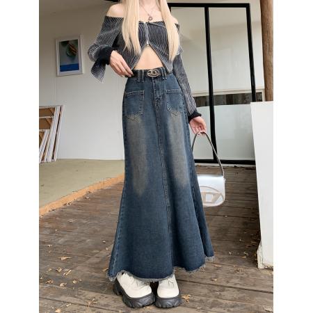 PF948#中长款毛边牛仔半身裙女设计感a字包臀鱼尾裙子