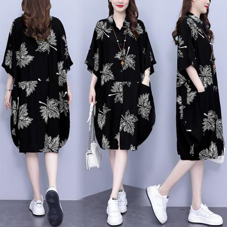 PF952#夏季新款韩版胖MM大码POLO领遮肉衬衫连衣裙中长款休闲宽松型