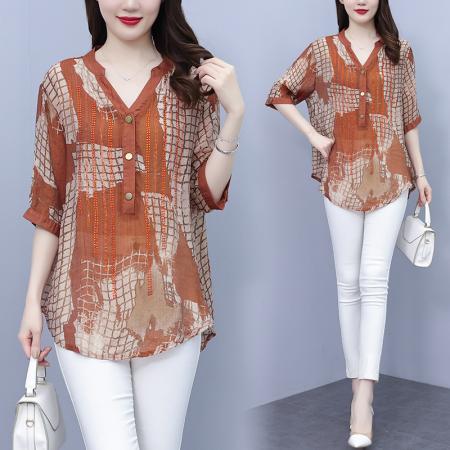 PF962#V领印花短袖衬衫女2024夏季装新款妈妈宽松洋气薄款衬衣烫钻上衣