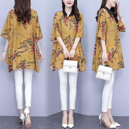 PF965#大码时尚遮肉显瘦印花短袖衬衣2024夏季新款洋气减龄宽松遮肉上衣