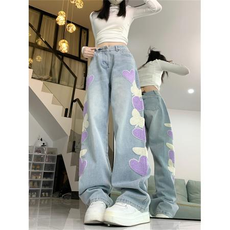 PF967#浅蓝色牛仔裤女设计感绣花宽松休闲阔腿直筒长裤子