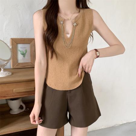 PF969#韩版小众链条设计感休闲纯色无袖背心短款针织上衣女