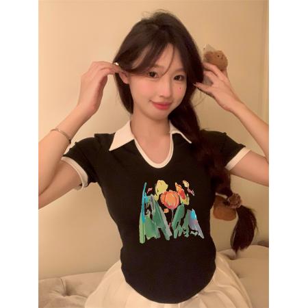 PF973#正肩t恤大码女装夏季短袖法式胖妹妹遮肚显瘦POLO领V藏肉上衣