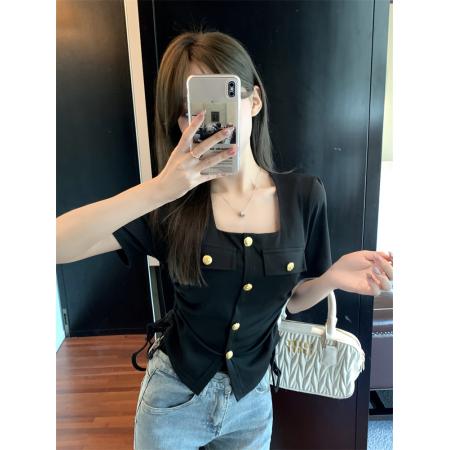 PF974#大码女装 新款法式短款方领上衣胖mm显瘦正肩抽绳短袖t恤