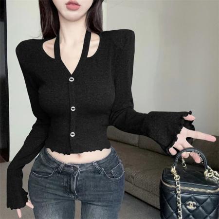 PF988#款韩版挂脖时尚设计感纽扣开衫女装上衣