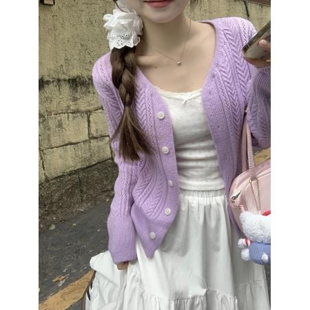 PF991#三标齐镂空针织开衫外套+大摆高腰半身裙+小吊带三件套