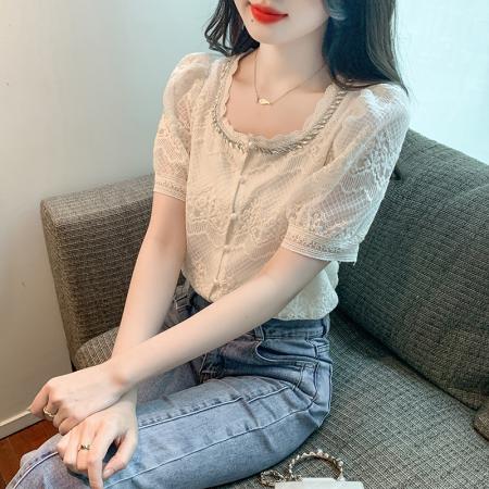 PF1001#夏季新款单排扣淑女蕾丝衫/衫标准方领短袖H型雪纺蕾丝衫/