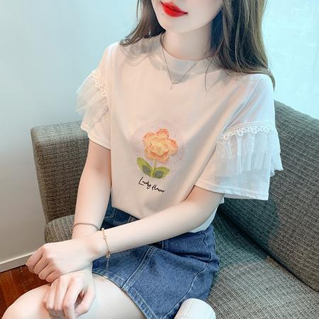 PF1003#夏季新款T恤简约百搭套头甜美标准短袖圆领喇叭袖