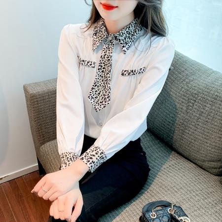 PF1013#长袖衬衣开衫修身豹纹领带装饰洋气百搭女装减龄小个子