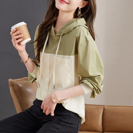 PF1017#简约撞色连帽宽松上衣 新款时尚百搭纯棉卫衣女