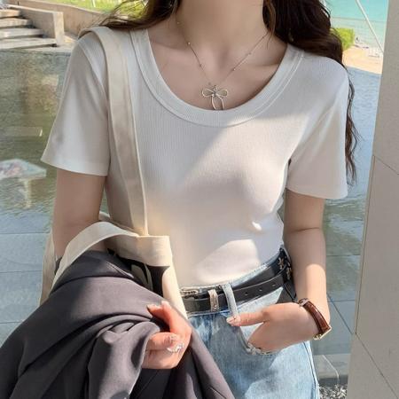 PF1018#白色短袖t恤女 新款大领口内搭正肩螺纹圆领u领纯棉体恤上衣