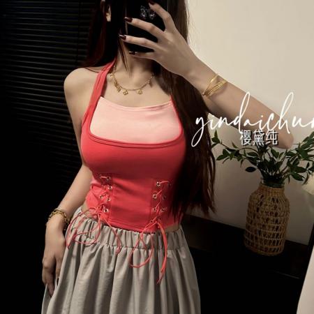 PF1020#大码女装吊带不规则背心遮肚性感辣妹修身外穿上衣带胸垫抹胸