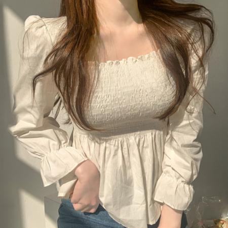 PF1032#韩国chic法式甜美方领修身显瘦收腰褶皱洋气木耳边长袖衬衫上衣女