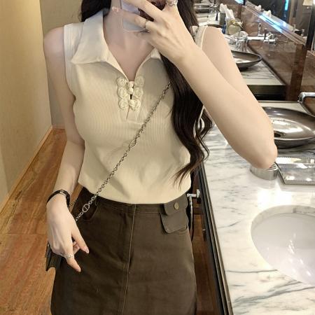 PF1052#新中式盘扣国风背心女2024夏季新款设计感小众正肩短袖t恤上衣