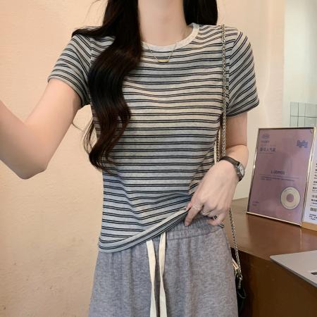 PF1053#蓝色条纹正肩短袖t恤女2024春夏季韩版纯棉修身短款甜辣妹上衣
