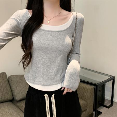 PF1054#假两件打底衫 新款拼接圆领内搭粉色长袖t恤低领上衣