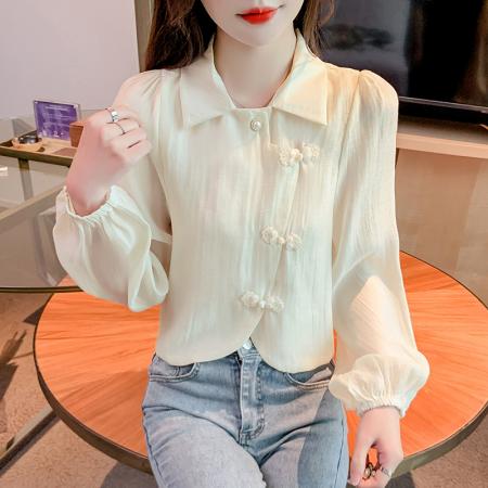 PF1071#新中式盘扣衬衫春装女2024年新款女国风小衫别致漂亮长袖春季上衣