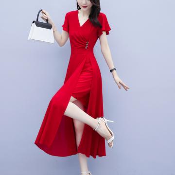 PF1106#夏季新款韩版修身显瘦气质连衣裙胖mm轻熟风雪纺长裙短袖