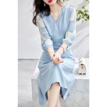 PF1137#新款时尚简约优雅法式通勤浅蓝色连衣裙配腰带
