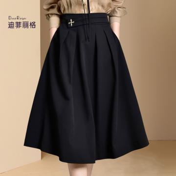 PF1170#迪菲丽格赫本风黑色半身裙 新款春季通勤气质中长款高腰A字裙
