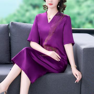 PF1222#新款高贵紫色婚宴喜婆婆气质短袖礼服醋酸缎敬酒服