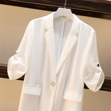 PF1234#大码女西装V领春夏新款七分袖西服外套白色开衫防晒衣显瘦吊带裙