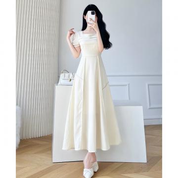 PF1236#茶歇法式复古方领短袖连衣裙女夏季新款收腰显瘦高级感气质长裙子
