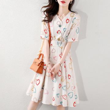 PF1455#夏季新款女韩版超仙简约爱心印花V领短袖减龄洋气减龄连衣裙